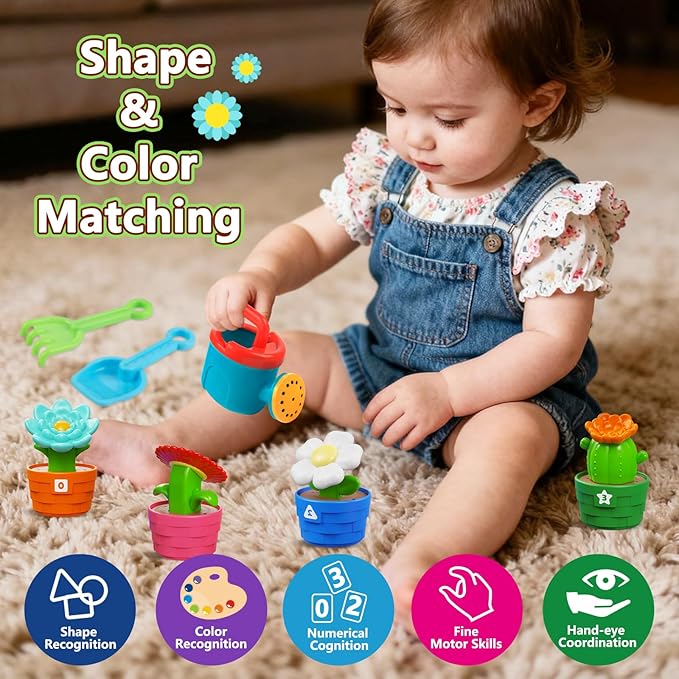 Montessori Toys Flower Garden Toy Set with Watering Can, Shovel, Rake, Color & Shape Sorter Toy, Educational Activity Preschool Learning Toys, Gift for Baby Toddler Girls 1 2 3 4 Year Old 10 PCS