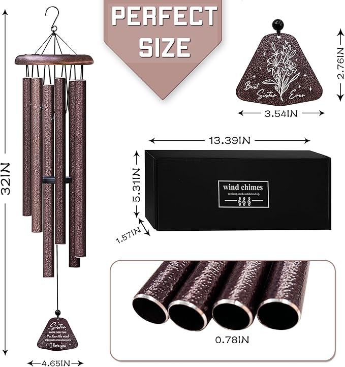 Fusui Sister Gifts Wind Chimes 32", Gifts for Sisters, Big Sister Birthday Gift from Sis/Brothers, Christmas Mothers Valentines Day Graduation Gift for Sisters, Best Sis Ever Presents for Women
