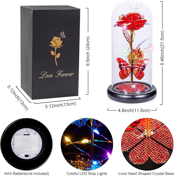 Valentines Day Rose Gifts for Her Birthday Gift for Women Galaxy Glass Rose in Glass Dome Forever Eternal Crystal Roses with Butterfly Anniversary Valentine Gifts for Daughter Mom Wife Girlfriend Red