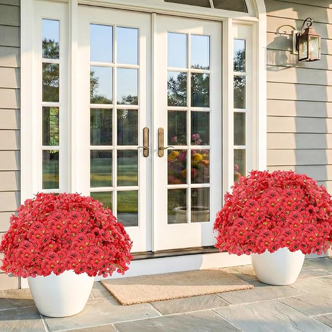22 Pack Artificial Flowers Outdoor, Faux Flowers UV Resistant with Plastic Plants, Faux Silk Flowers for Outdoors Outside Front Porch Hanging Planter Window Box Garden Decoration(Red)
