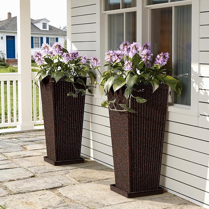Trygoal Square Tall Planters for Outdoor Plants Set of 2-23.6" Heavy-Duty Classic Tapered Indoor Flower Pots with Drainage Holes/Partition/Tray, Large Outdoor Planters for Porch Patio Garden, Brown