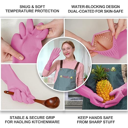 Mamison 2 Pairs Reusable Waterproof Household Dishwashing Cleaning Rubber Gloves, Non-Slip Kitchen Glove (Pink, XL (Pack of 2))
