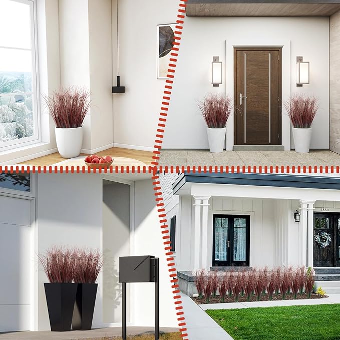 LUZOGA 100Pcs Artificial Grass Plants, Faux Shrubs Wheat Grass, Artificial Tall Grasses Fake Plants for Outdoor Decor,Artificial Greenery Stems Weed for Room Indoor Home Decor（Red）