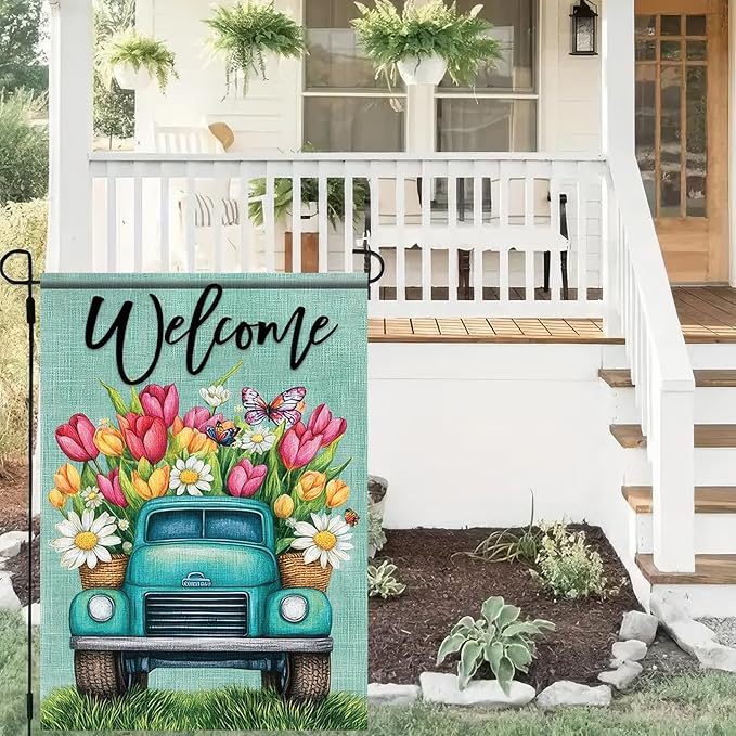 12×18 Inch Double Sided Garden Flag Spring Blue Truck Garden Flags Welcome Garden Flag Seasonal Outdoor Decorative Yard Outdoor Flag Farmhouse Spring Decor