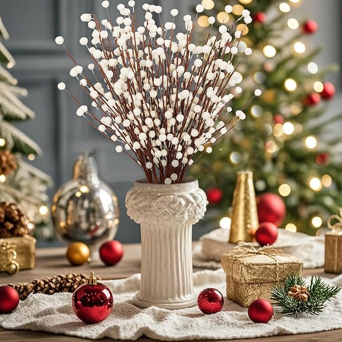 Fumwase 15 Pcs Artificial White Berry Stems and Picks for Christmas Tree, Valentines, Home, Holiday, Wedding, DIY Crafts Decor