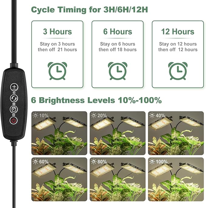 LORDEM Grow Light with Stand, Full Spectrum LED Plant Light for Indoor Plants, 200W Dual Heads Grow Lamp with Auto On/Off Timer, 3 Lighting Modes, 6 Dimmable Levels, Adjustable Tripod 15-63 inches