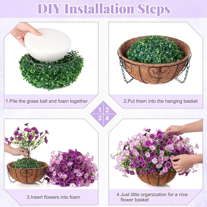 Artificial Fake Hanging Flowers with Basket for Outdoors, Faux Petunias Flowers Fake Hanging Plants with Eucalyptus Realistic UV Resistant for Patio Garden Porch Balcony Yard Decor(Double Purple)