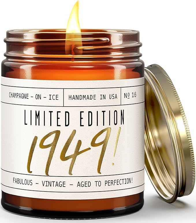 77th Birthday Gifts for Women - 'Limited Edition 1949' Soy Candle, w/Champagne on Ice I 77th Birthday Gift for Her Ideas I 9oz Reusable Jar, 50Hr Burn, Made in USA
