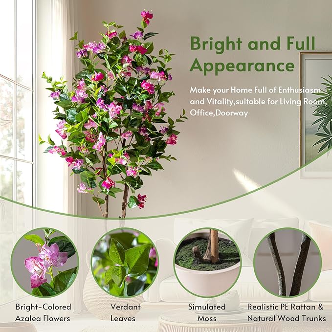 6FT Artificial Bougainvillea Tree Artificial Tree Tall Potted Fake Bougainvillea Trees for Outdoor Indoor Lifelike Potted Faux Plants with Wood Trunk and Flowers Office Wedding Home Decor