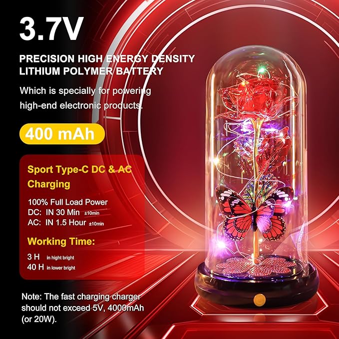 Valentines Day Rose Gifts for Her Birthday Gift for Women, Rechargeable Galaxy Glass Rose in Glass Dome Eternal Crystal Flower Butterfly Gift Valentine Gifts for Women Daughter Mom Wife Girlfriend Red