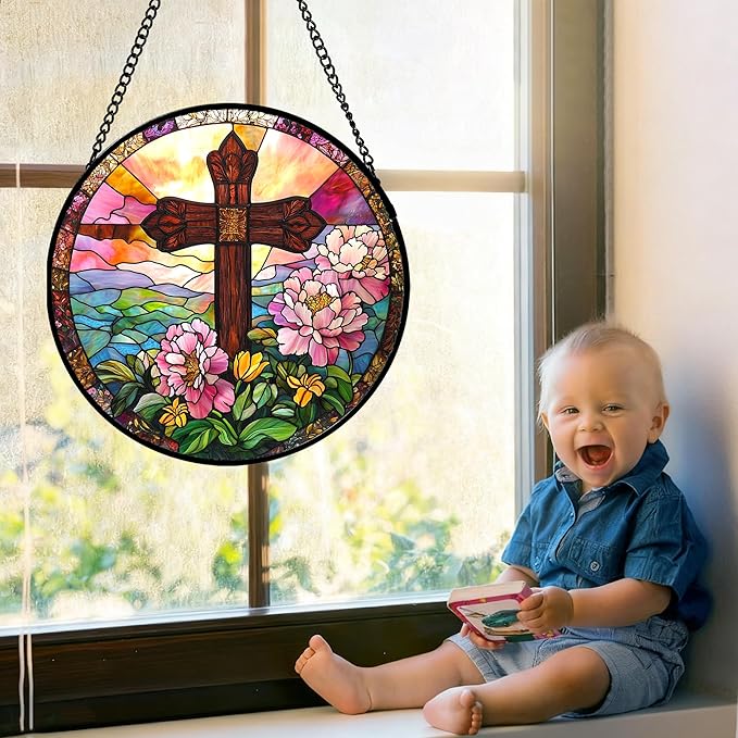 JOSUMALY Christian Gifts for Women - Cross Stained Glass Window Hanging Jesus Easter Pink Flower Peony Sun Catcher Garden Religion Decor Mother's Day Catholic Gift for Men Grandma Mom Her Nana 7.8"