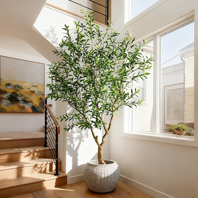 Erimda 8FT Faux Olive Tree with Tall Exquisite Planter Artificial Olive Tree Tall, Potted Fake Olive Plant with 2070 Real Touch Leaves, Indoor Outdoor Home Garden Office Decor