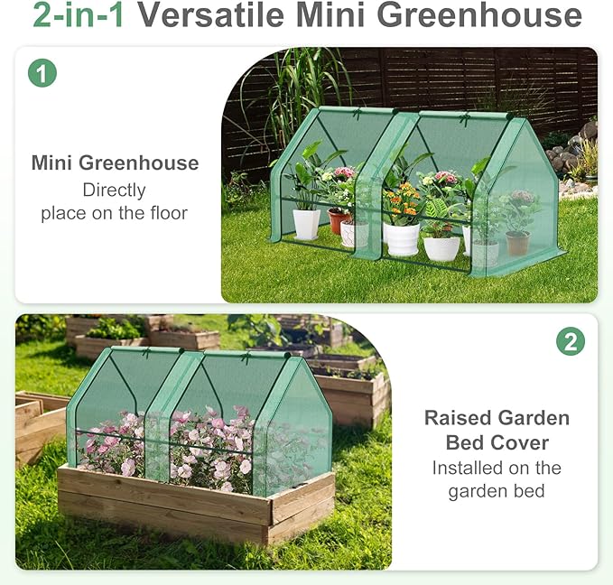 Aoodor 6 x 3 x 3 ft Mini Greenhouse with 2 Zipper Doors, Water-Resistant, UV-Protected for Flowers, Vegetables, and Herbs, Green
