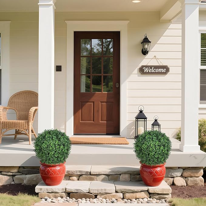 26" Topiary Trees Artificial Outdoor Boxwood Balls, UV Resistant Faux Boxwood Plants Set of 2, 19.7" W Realistic Evergreen Potted Fake Shrubs and Bushes for Home Office Patio Garden Front Porch Decor