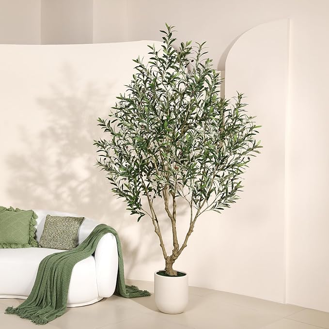 SOGUYI Olive Tree Artificial Indoor, 8FT Tall Faux Olive Tree with 11.5in White Cylinder Round Planter, Artificial Plants with Natural Wood Trunk and Lifelike Leaves for Home Office Decor