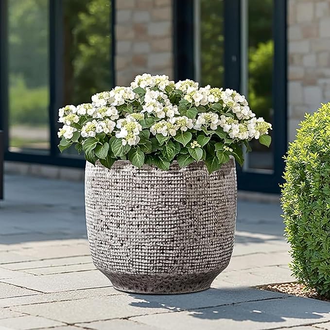 LuxenHome 15.5" Dia Round Ceramic Large Plant Pot for Outdoor Plants, Gray Grid-Pattern Glazed Ceramic Outdoor Planter Pot with Drainage Hole and Rubber Plug, Indoor Flower Pots for Home Garden Patio