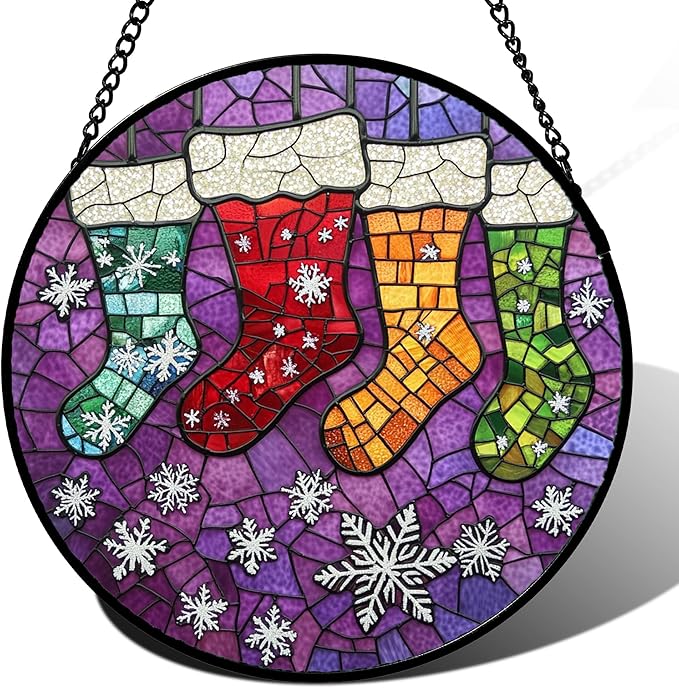 Stained Glass Window Hanging - Christmas Stockings Suncatcher for Doors Home Christmas Decoration Winter Sun Catcher Thanksgiving New Year Birthday Gifts for Women Men Mom Nana Girl 7.8 in