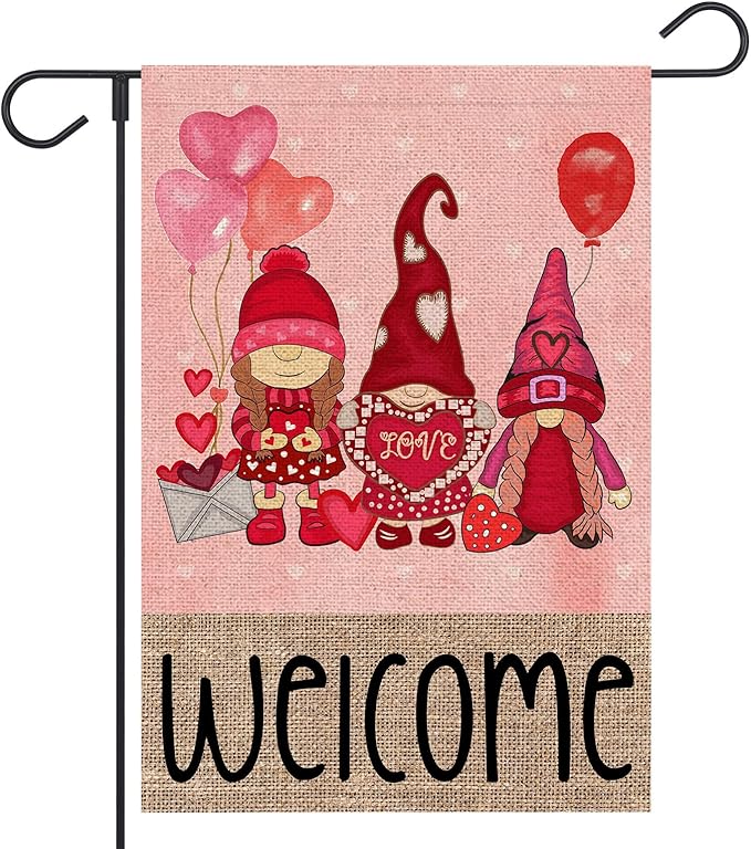 Welcome Valentines Day Gnomes Garden Flag 12x18 Inch Double Sided Outside Red Balloon for Outdoor Farmhouse Anniversary Holiday Yard Valentine Decoration FF-225