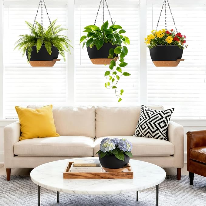 UOUZ Set of 3-10 Inch Self Watering Hanging Planters for Indoor Outdoor，Hanging Plant Pots with Drainage & Removable Tray, Hanging Pots Holder for Ivy, Pothos, Ferns, Balcony & Patio, Black with Brown