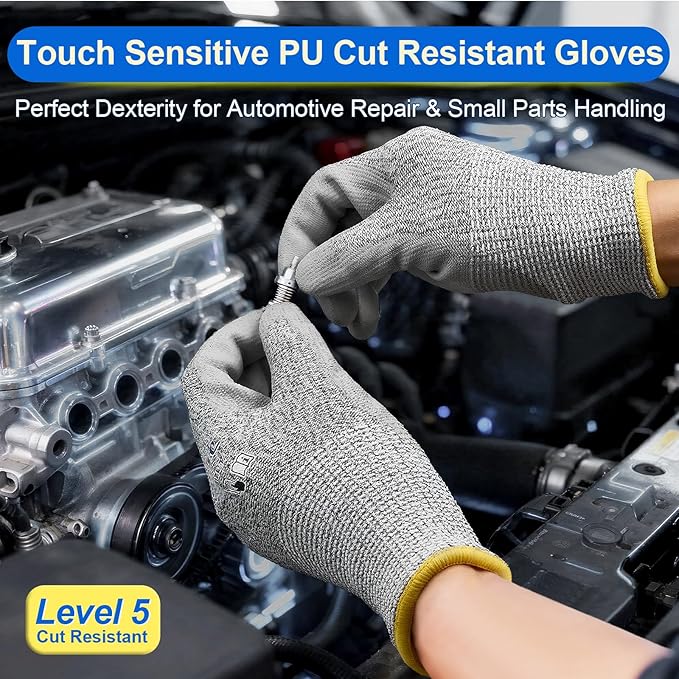 Dowellife 3 Pairs Level 5 Cut Resistant Work Gloves for Men and Women, PU Coated Breathable Gardening Gloves, Thin Flexible and Firm Grip for Mechanics and Fishing (Large, Grey)