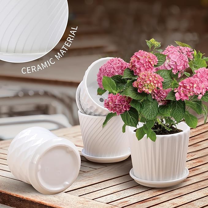 sietpoek Plant Pots - 5.5 Inch Cylinder Ceramic Planters with Connected Saucer, Pots for Succuelnt and Little Snake Plants, Set of 4, White