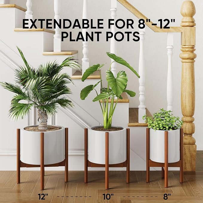 MUDEELA Plant Stand for Indoor Plants: Adjustable Width Fits 8–12 Inch Pots - Mid Century Modern Bamboo Plant Stand - 14.5 Inch Single Tier Small Floor Plant Holder, Dark Brown, 1 Pack (Without Pot)