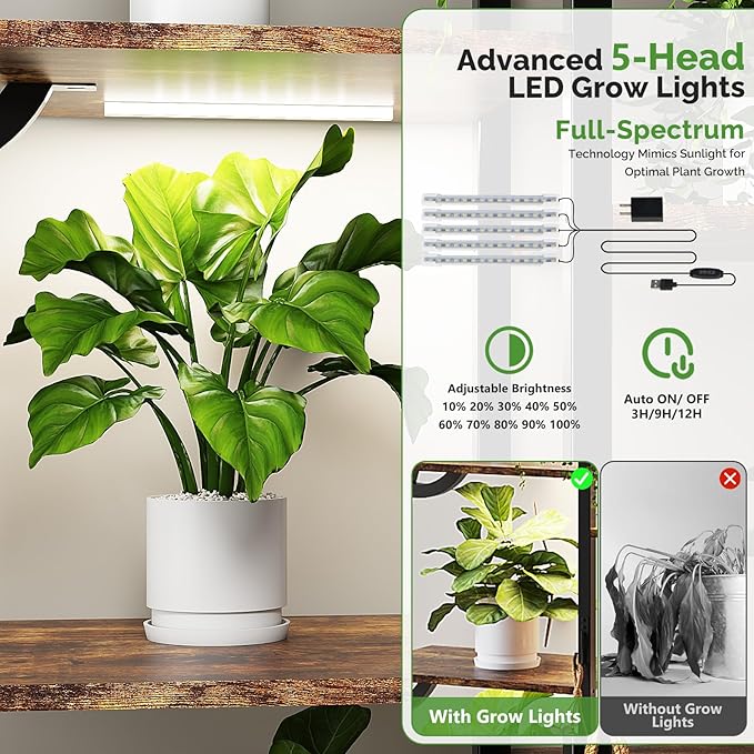 VINGLI 63″ Leaf-Shaped 10-Tier Metal Plant Stand with 5 Full-Spectrum LED Grow Lights, Tall Indoor Tiered Plant Shelf for Multiple Plants, Decorative & Functional Rack, Black