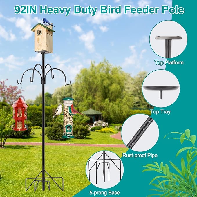 Eyrizon 4-Hook Shepards Hooks for Outdoor,90 Inch Bird Feeder Pole with 5 Prongs Base|Metal Tray&Birdhouse Platform,Heavy Duty Garden Hooks for Hanging Plant Baskets,Solar Light Lanterns,Wind Chimes