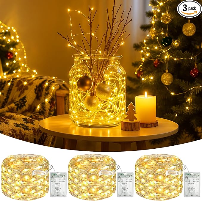 3 Pack 16FT 50 LED Fairy Lights Battery Operated with Timer, 8 Modes USB Mini Twinkle Light, Small String Lights for Christmas Tree Wreath Vase Bedroom DIY Wedding Decorations-Warm White