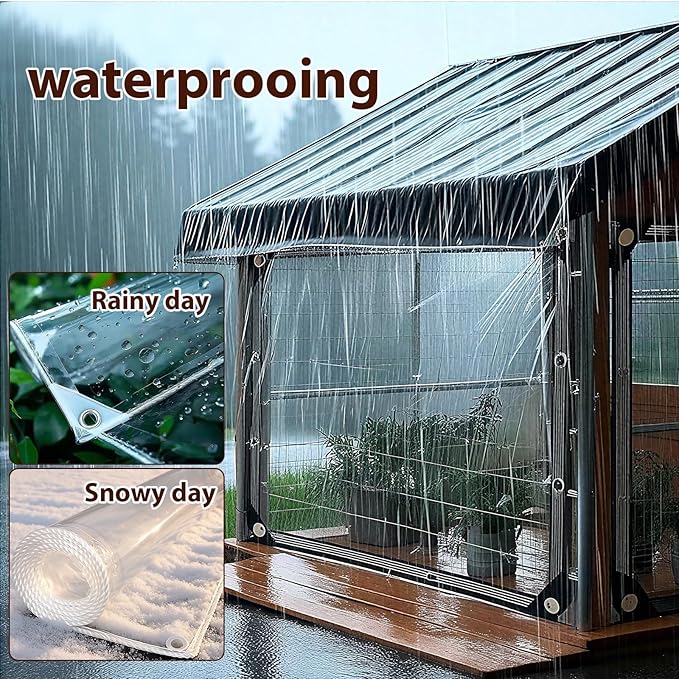 Clear Tarps Heavy Duty Waterproof 8x20ft Clear Tarp with Grommets 14mil Thickened Transparent Tarpaulin Tear Resistant for Patio Pergola Garden Canopy, Rainproof, Wind-Proof, Anti-Tear