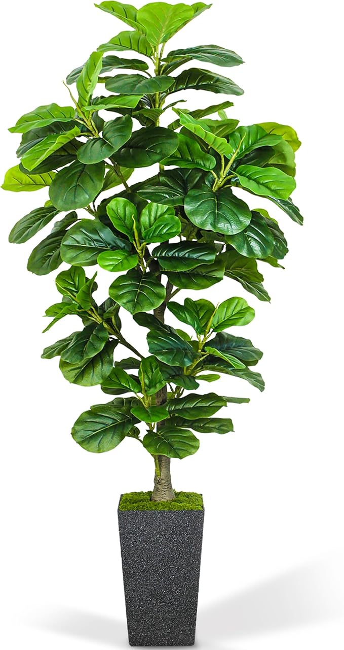 KOPWVA Artificial Fiddle Leaf Fig Tree 6ft, 6 Feet Large Tall Fake Plants Indoor with Modern Style Planter, Artificial Silk Tree for Home Office Living Room Decor Indoor, More Lifelike & Lush (Black)
