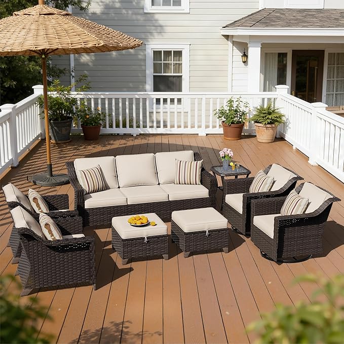 8 Pieces Patio Conversation Furniture Set - 1 Sofa, 2 Ottomans, 2 Armchairs, 2 Swivel Chairs, 1 Side Table, Outdoor Wicker Furniture with Removable Cushions for Porch, Sunroom (Beige)