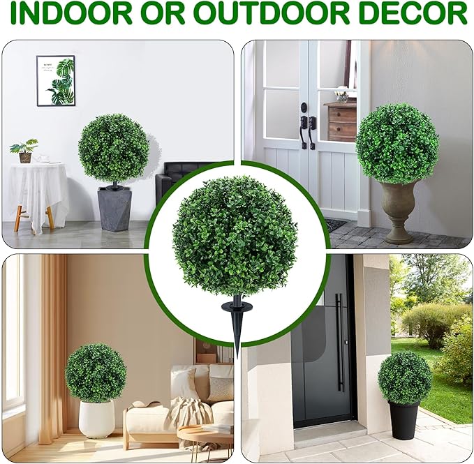 ENVEN Artificial Topiary Ball Tree Outdoor Plants with Ground Spike 22"- UV Resistant Faux Shrubs, Eucalyptus Fake Plants for Indoor & Garden, Yard, Porch, Patio Decor (Green Boxwood)