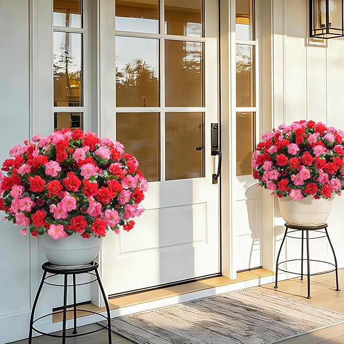 Artificial Fake Outdoor Flowers Plants, Faux Silk Camellia Bundles UV Resistant No Fade Realistic for Planter Pot, Outside Porch Patio Balcony Garden Yard Home Decoration, 3 Large Bundles(Melon Red)