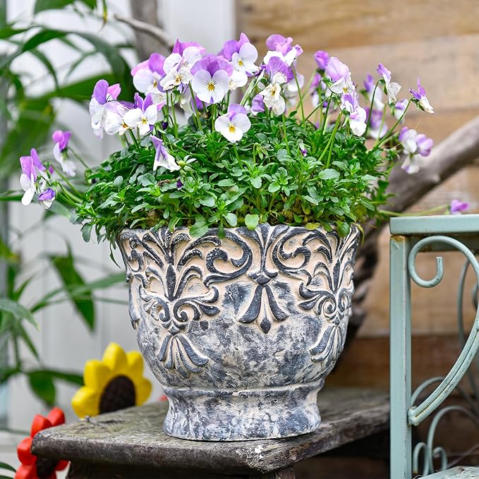 Sungmor 7.3 Inch Cement Plant Pot for Plants, Succulent Planter with Embossed Design, Vintage Concrete Flowerpots with Drainage Hole, Decorative Orchid Houseplant Pot Indoor Outdoor Plant Container