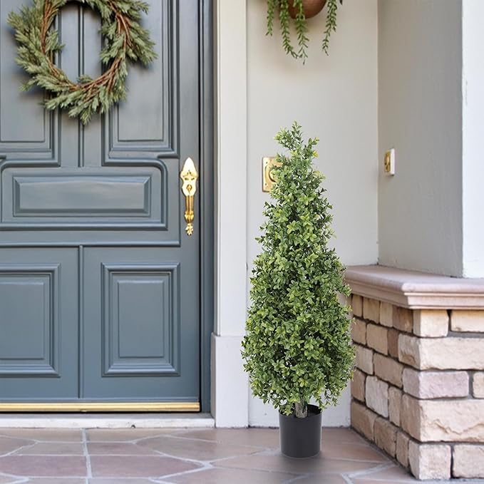 Yuwinron Artificial Boxwood Topiary Tree 3FT Fake Topiary Tree Faux Potted Topiary Plant for Porch Home Garden Decor 2Pack