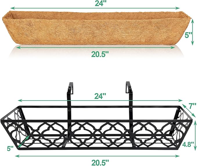 HFHOME 24 Inch Window Deck with Coco Liner, 24" Window Boxes Horse Trough with Coconut Coir Liner, Black Metal Hanging Flower Planter Basket Railing Planter for Outdoor Indoor Lawn - 4 Pack