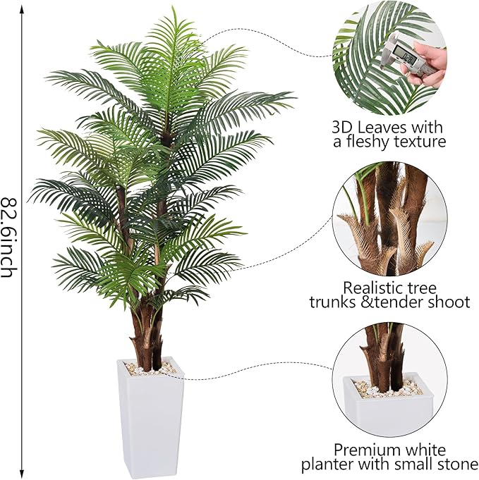 HAIHONG Artificial Palm Tree 7FT, Fake Tree with Realistic Fiber Trunks and White Tall Planter, Faux Tropical Areca Floor Plant in Pot, Artificial Silk Plant for Home Decor Office Decor Indoor