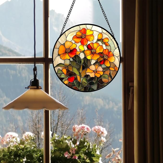 Stained Glass Window Hanging - Orange Marigolds Flowers Suncatcher for Door Garden Yard Sun Catchers Decor Christmas Mother's Day Birthday Gifts for Women Mom Nana Girlfriend Men 15 in