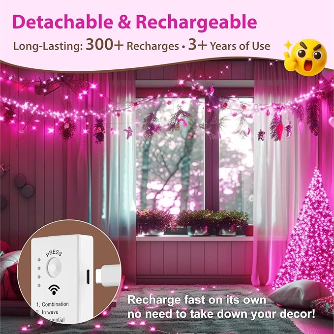 HXWEIYE Rechargeable Fairy Lights with Remote & DIY Timer, 33ft 100LED Battery Operated Twinkle String Lights, 8 Modes Decor Light for Bedroom Indoor Wedding Dorm Christmas Tree Party (Pink)