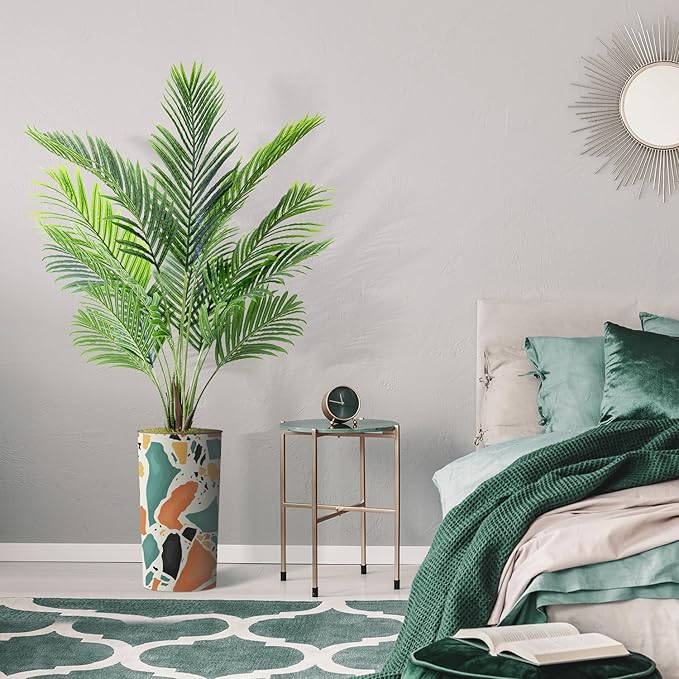 Artificial Tree in Modern Geometric Pattern Planter, Fake Areca Tropical Palm Silk Tree for Indoor and Outdoor Home Decoration - 66" Overall Tall (Plant Pot Plus Tree)