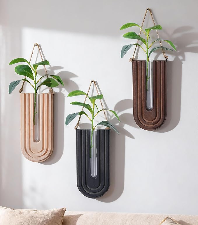 Wooden Wall Vase Set of 3, Wall Hanging Planter Modern Farmhouse Wall Decor for Boho Wall Decor for Indoor Entryway Hallway Bathroom Living Room Dining Room