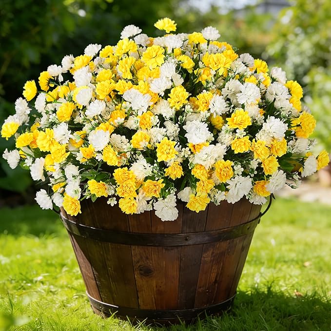 Ammyoo Artificial Flowers for Outdoors Decoration, 6 Bundles Silk Marigold Flower UV Resistant Look Real Faux Plants for Garden Porch Planter Patio Balcony Yard Home Decor (Yellow White)