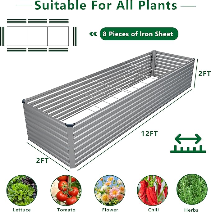 DIIYIV 12x2x2FT Galvanized Raised Garden Bed Kit,Vegetable Plant Boxes-Rectangle Metal Flower Box,Large Planter Raised Beds Outdoor Garden for Planting,Fruit,Herb-Silver
