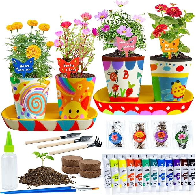 RGBDOT Kids Gardening Set Paint and Plant Stoneware Flower Gardening Kit with 4 Pots Arts and Crafts for Kids Ages 8-12 Best Children’s Day Gift for Girls Boys Ages 5 6 7 8 9 10