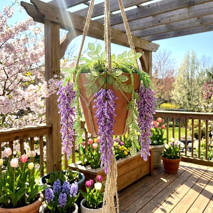 Potchen 13155 Pcs DIY Wisteria Beaded and 5 Inch Clay Pot Planter Set, Glass Beads Plant Making Kit with Artificial Moss Hanging Rope Purple Nature Series Colorful Crystal Leaf Jewelry for Craft