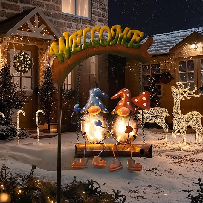 HONGLAND Gnomes Garden Decor Solar Lights Cute Gnome Swing Outdoor Decor, Gnomes Yard Lights Decor Housewarming Gifts for Women Welcome Signs for Lawn Porch Backyard Patio