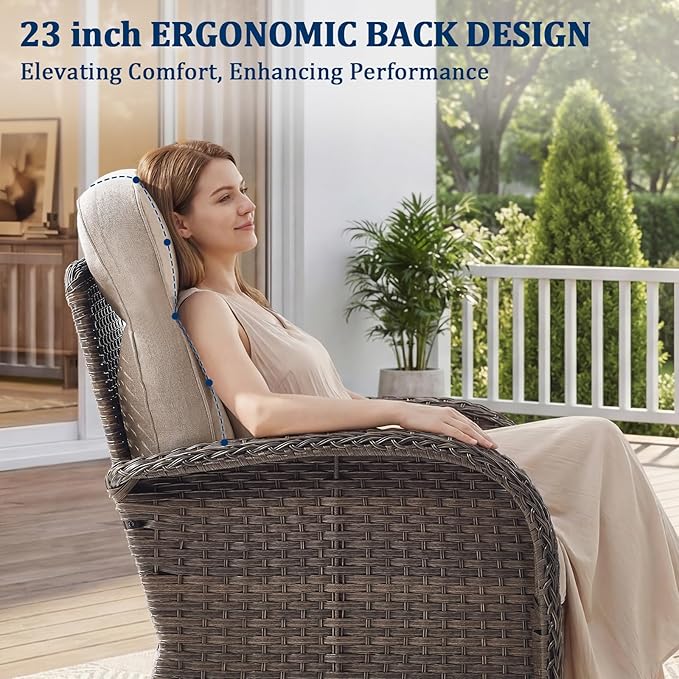 Outdoor Swivel Rocking Chair Patio Set (3-Piece), High-Back - Thick Cushion Swivel Rocking Chair Patio Set, All-Weather Wicker Patio Furniture Set, Suitable for Balcony Patios, Brown/Beige