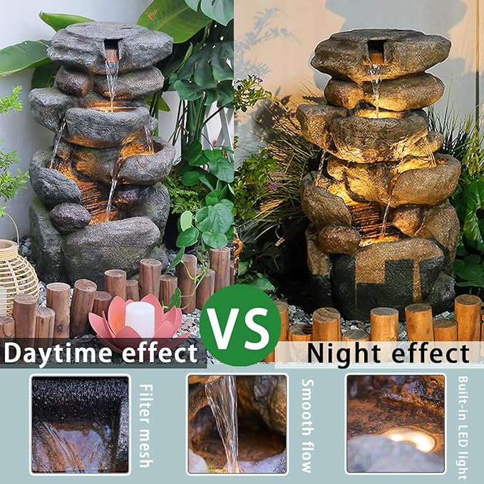 The 4-Tiered Water Fountain Outdoor&Indoor Fountain with Lights, 28.35" Waterfall Fountain for Garden, Patio, Yard, and Lawn, Natural Stone Look Water Features Outdoor Patio