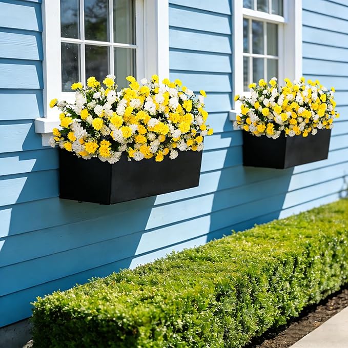 Ammyoo Artificial Flowers for Outdoors Decoration, 6 Bundles Silk Marigold Flower UV Resistant Look Real Faux Plants for Garden Porch Planter Patio Balcony Yard Home Decor (Yellow White)